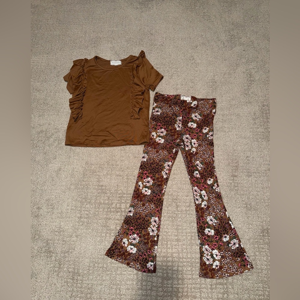 Kids Brown Floral Short Sleeve Shirt and Flare Pants Set Size 7